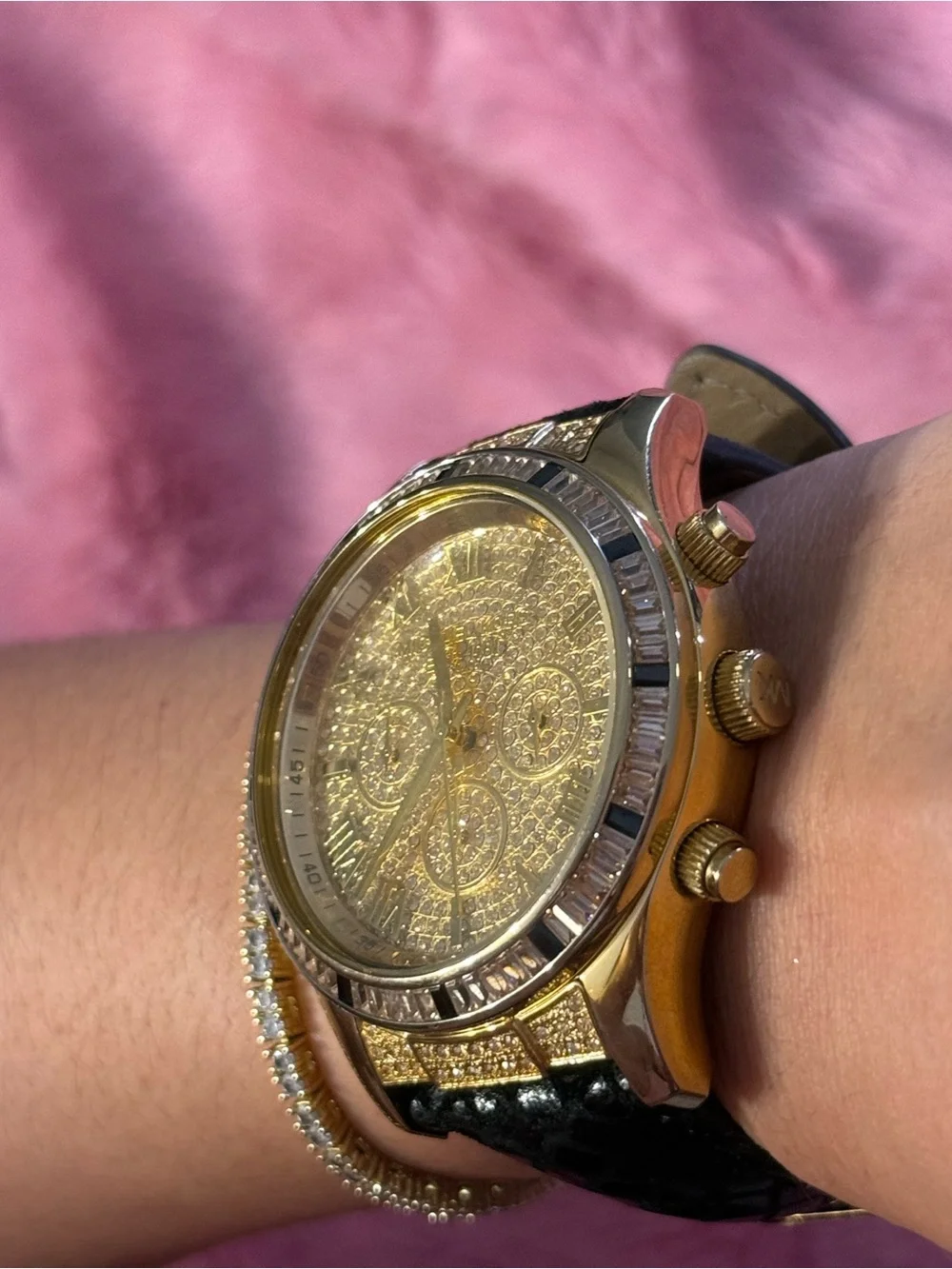 Michael Kors Gold Crystal Dial Unisex Watch with Black Leather Strap